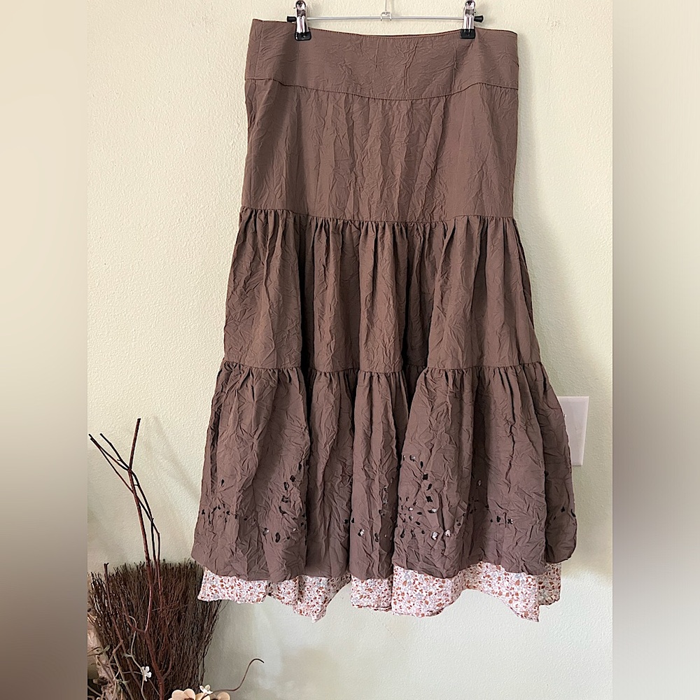Orna Farho Paris Floral brown crinkled midi skirt